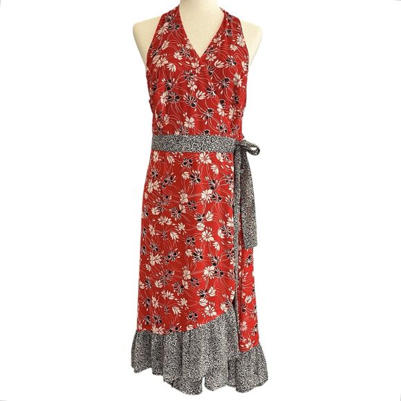 Cato Floral Asymmetrical Ruffle Wrap Dress 16 16W Red Black Cottagecore Romantic - Picture 14 of 14